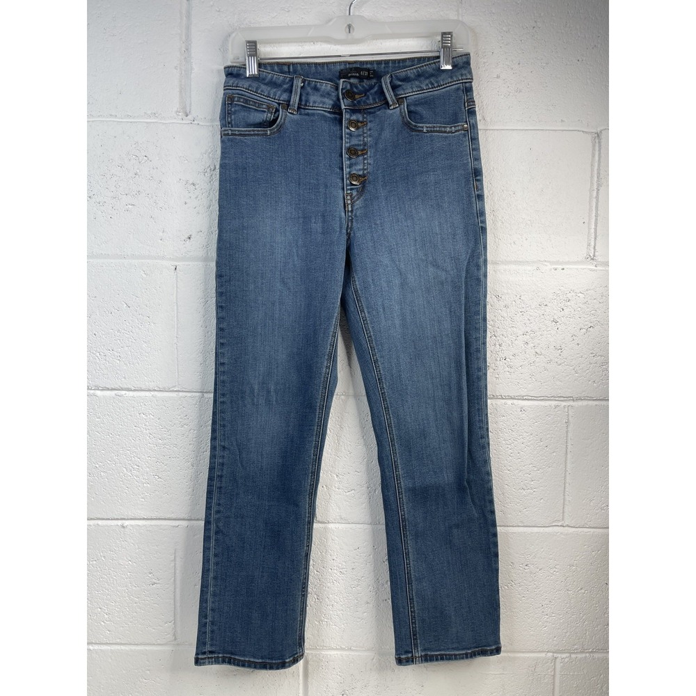 prAna Denim Jeans Womens 6 28 Medium Wash Exposed Button Fly Crop Straight Leg